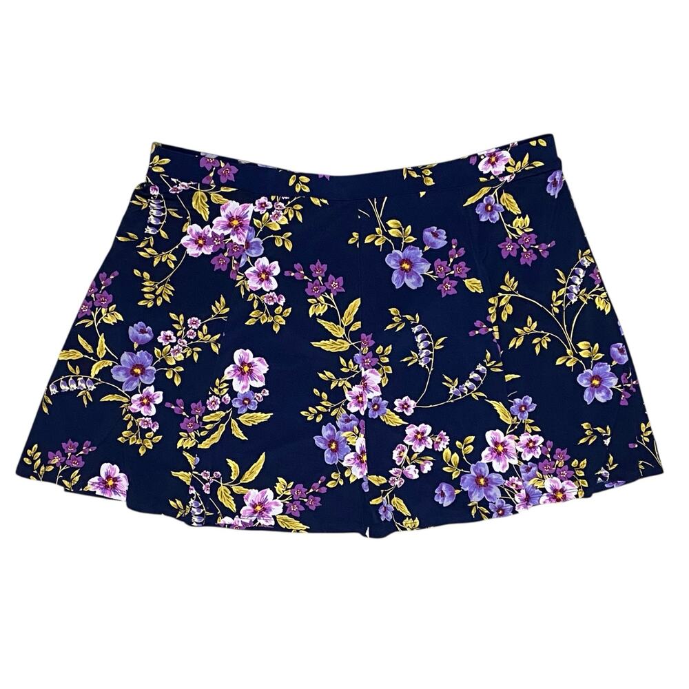 Susan Graver Liquid Knit Skort Womens 1X Blue Purple Floral Elastic Waistband